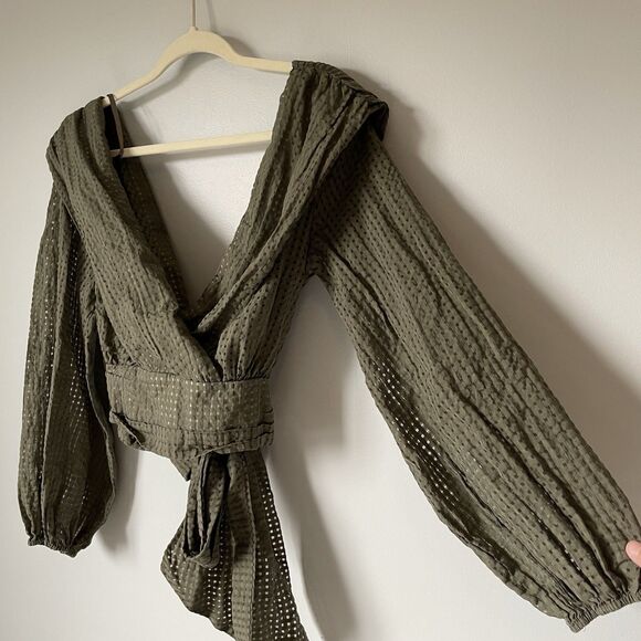 Maeve Anthropologie Crop Deep-V Blouse Waist Tie Green Women's Size 12 - Picture 5 of 13